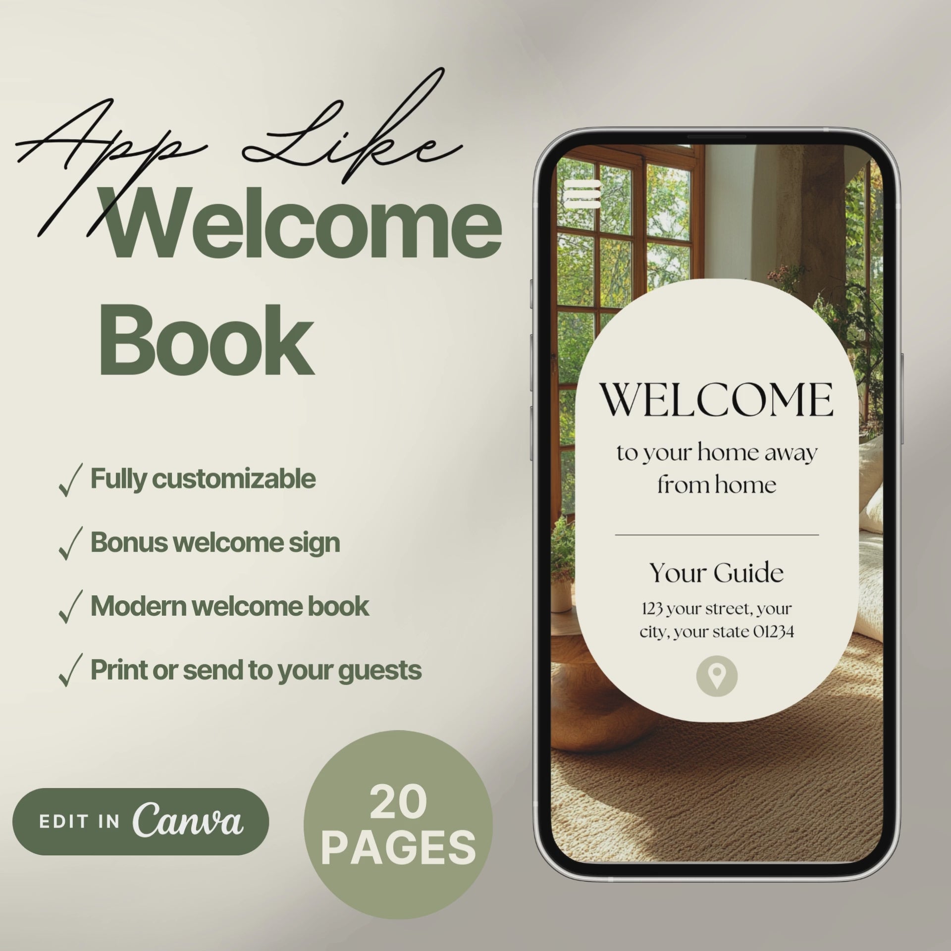 A promotional video for a customizable welcome book, designed for travelers or hosts. The video showcases a sleek interface on mobile and tablet devices, highlighting features such as editable text, local recommendations, accommodation details, maps, and clickable links.
