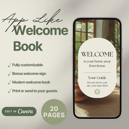 A promotional video for a customizable welcome book, designed for travelers or hosts. The video showcases a sleek interface on mobile and tablet devices, highlighting features such as editable text, local recommendations, accommodation details, maps, and clickable links.
