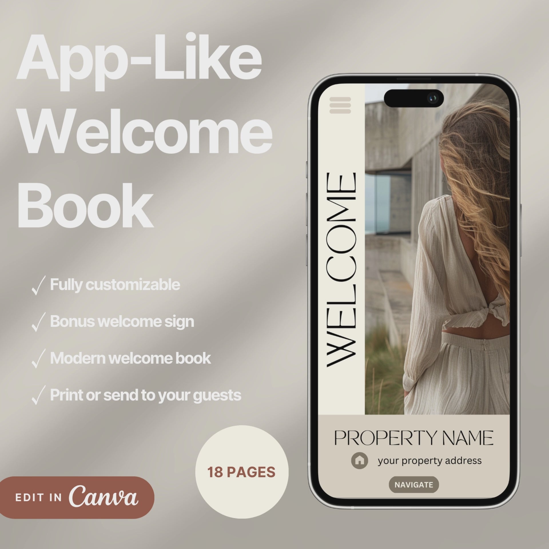 A promotional video for a customizable welcome book, designed for travelers or hosts. The video showcases a sleek interface on mobile and tablet devices, highlighting features such as editable text, local recommendations, accommodation details, maps, and clickable links.
