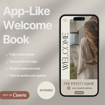 A promotional video for a customizable welcome book, designed for travelers or hosts. The video showcases a sleek interface on mobile and tablet devices, highlighting features such as editable text, local recommendations, accommodation details, maps, and clickable links.