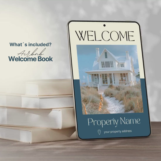 A promotional video showcasing the 500+ Airbnb Host Bundle, featuring editable Canva templates for welcome signs, WiFi cards, thank you notes, guest guides, and social media posts, all designed in a calming blue color palette for Airbnb hosts.
