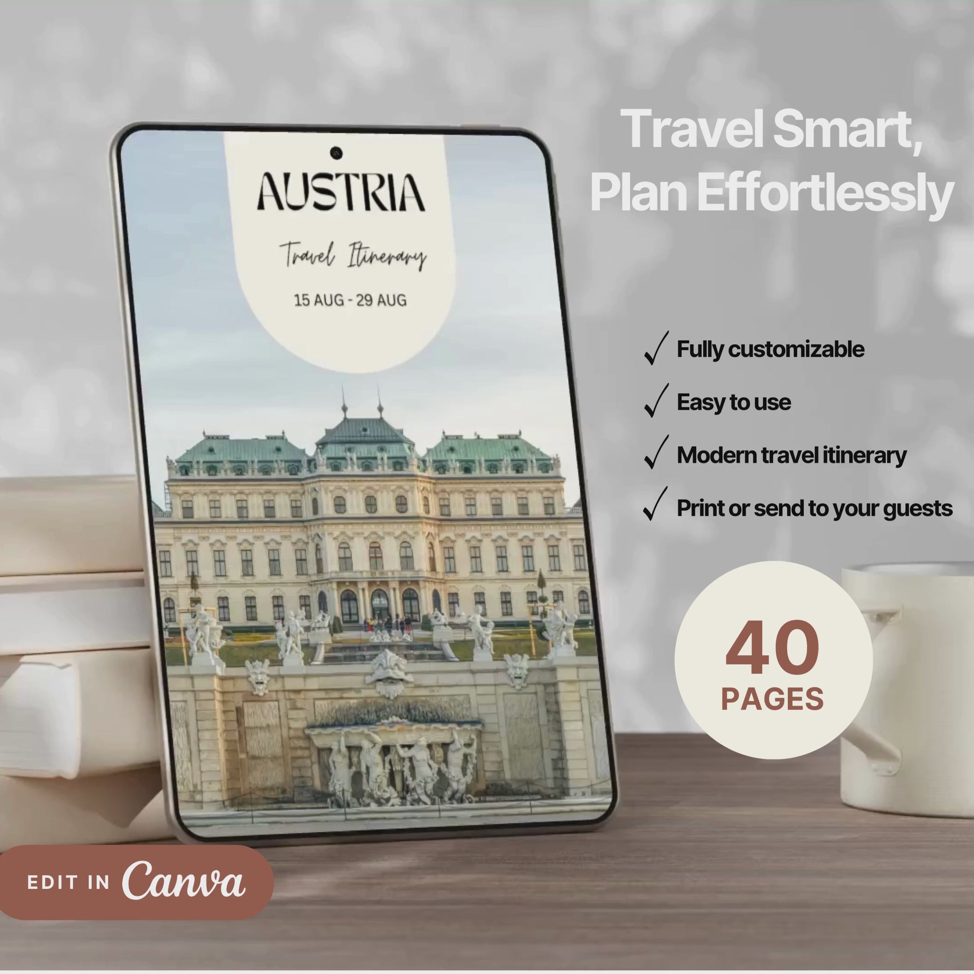 A promotional video showcasing a editable Travel Itinerary in Canva. The video highlights features like daily schedule layouts, clickable links, interactive menu navigation, destination guides.