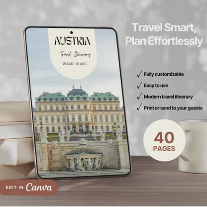 A promotional video showcasing a editable Travel Itinerary in Canva. The video highlights features like daily schedule layouts, clickable links, interactive menu navigation, destination guides.