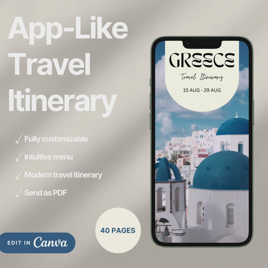 A digital travel itinerary showcased on a smartphone, displaying various interactive pages like daily schedules, packing lists, and destination guides.