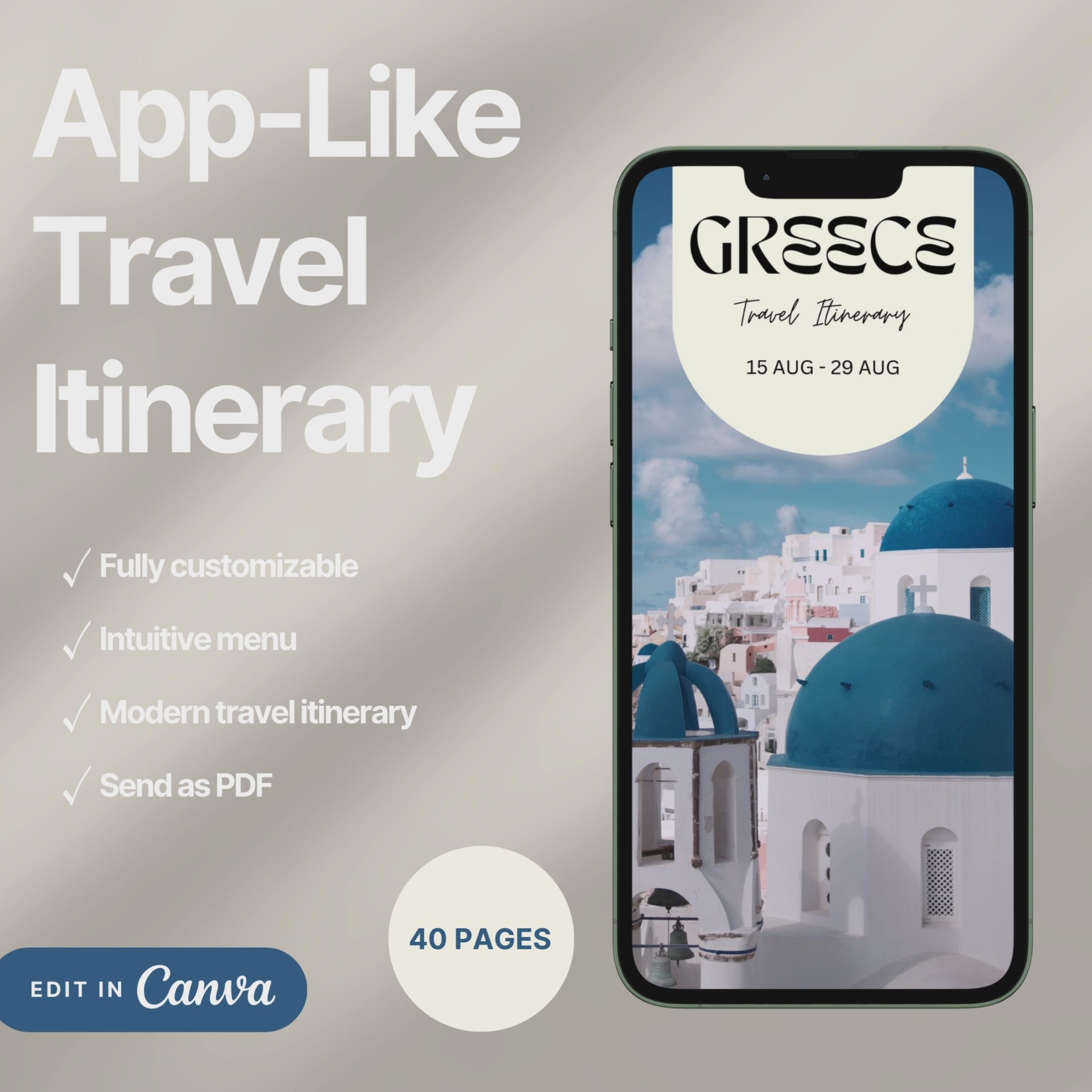 A digital travel itinerary showcased on a smartphone, displaying various interactive pages like daily schedules, packing lists, and destination guides.