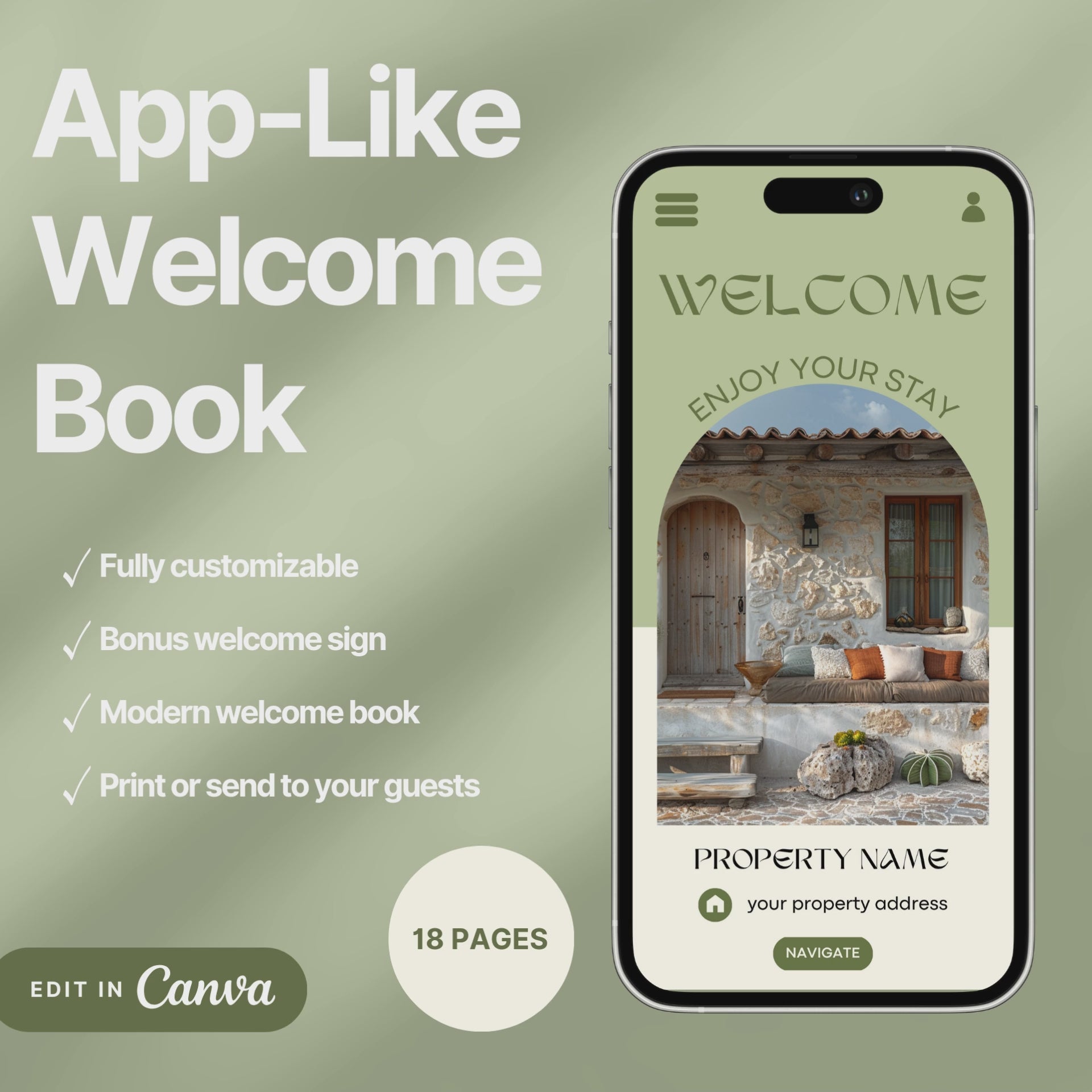 A promotional video for a customizable welcome book, designed for travelers or hosts. The video showcases a sleek interface on mobile and tablet devices, highlighting features such as editable text, local recommendations, accommodation details, maps, and clickable links.