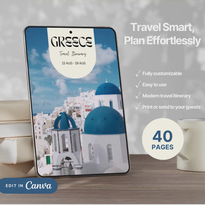 A promotional video showcasing a editable Travel Itinerary in Canva. The video highlights features like daily schedule layouts, clickable links, interactive menu navigation, destination guides.