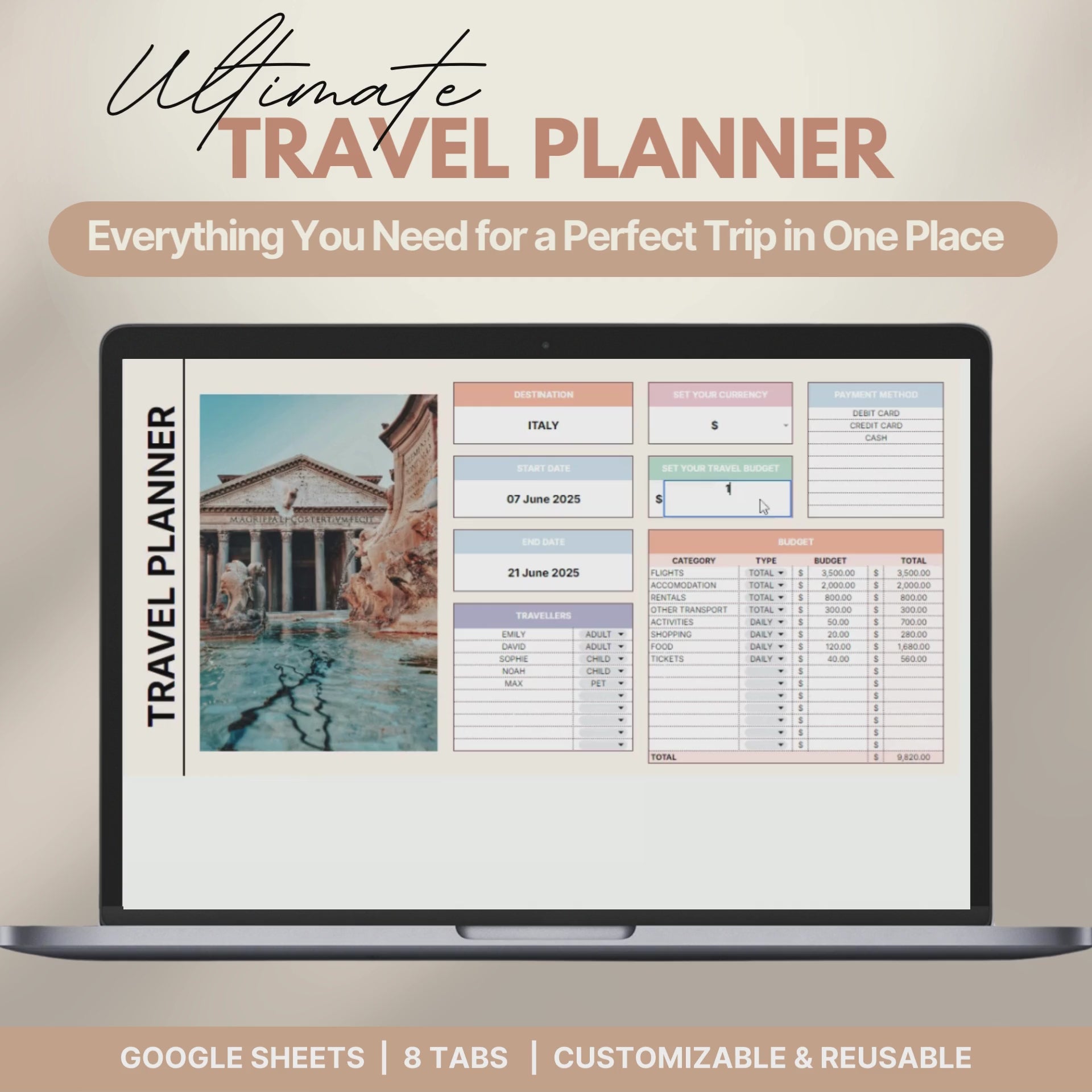 Digital travel planner displayed on a laptop screen.
