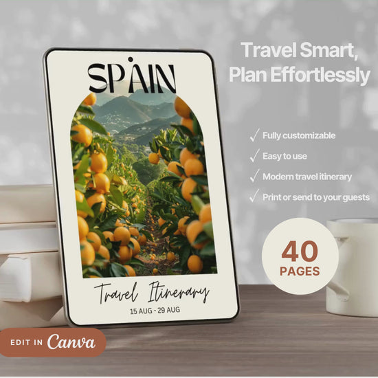 A promotional video showcasing a editable Travel Itinerary in Canva. The video highlights features like daily schedule layouts, clickable links, interactive menu navigation, destination guides.