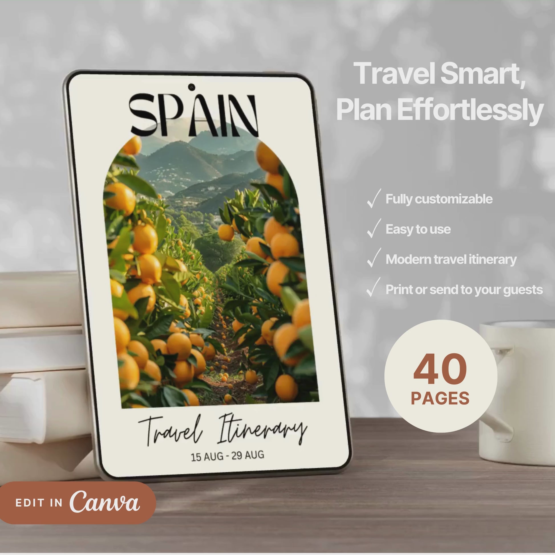 A promotional video showcasing a editable Travel Itinerary in Canva. The video highlights features like daily schedule layouts, clickable links, interactive menu navigation, destination guides.