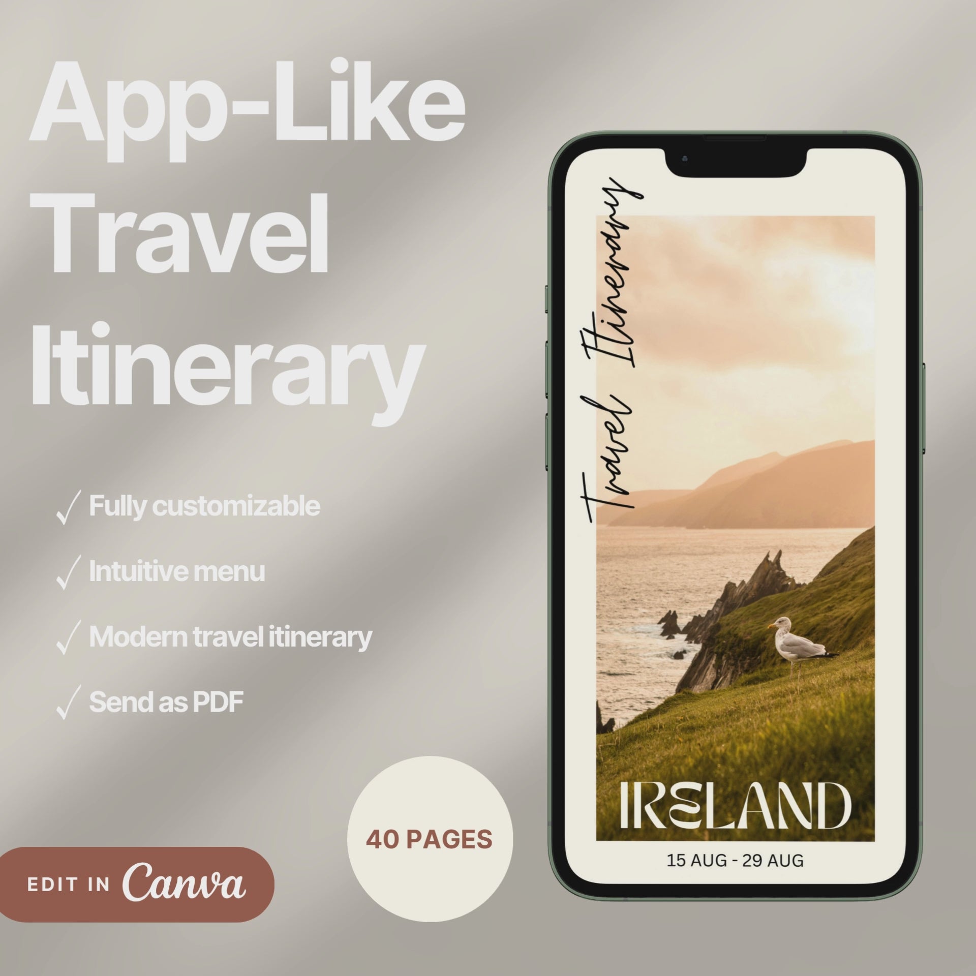 A digital travel itinerary showcased on a smartphone, displaying various interactive pages like daily schedules, packing lists, and destination guides.