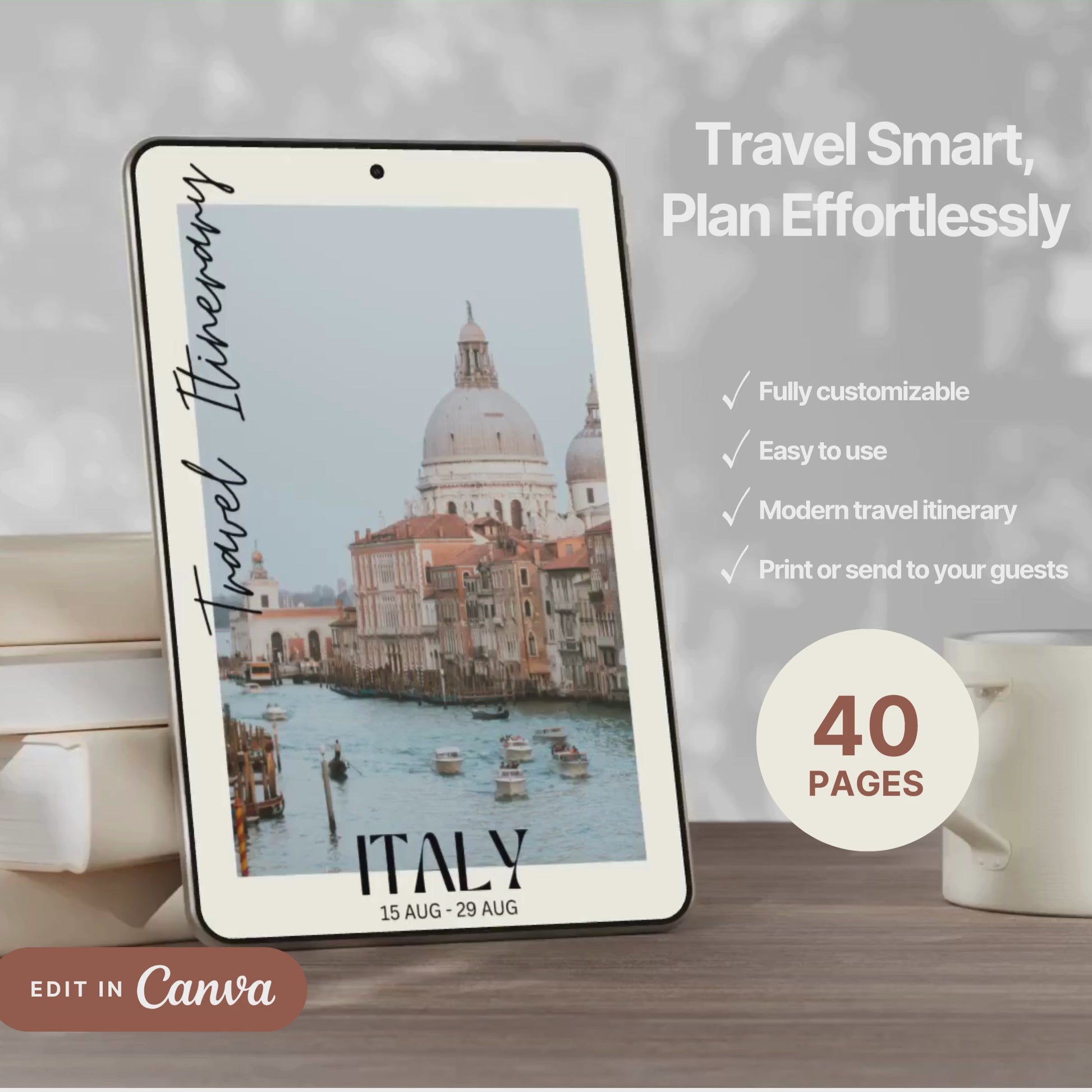 A promotional video showcasing a editable Travel Itinerary in Canva. The video highlights features like daily schedule layouts, clickable links, interactive menu navigation, destination guides.