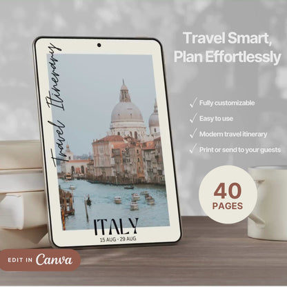 A promotional video showcasing a editable Travel Itinerary in Canva. The video highlights features like daily schedule layouts, clickable links, interactive menu navigation, destination guides.