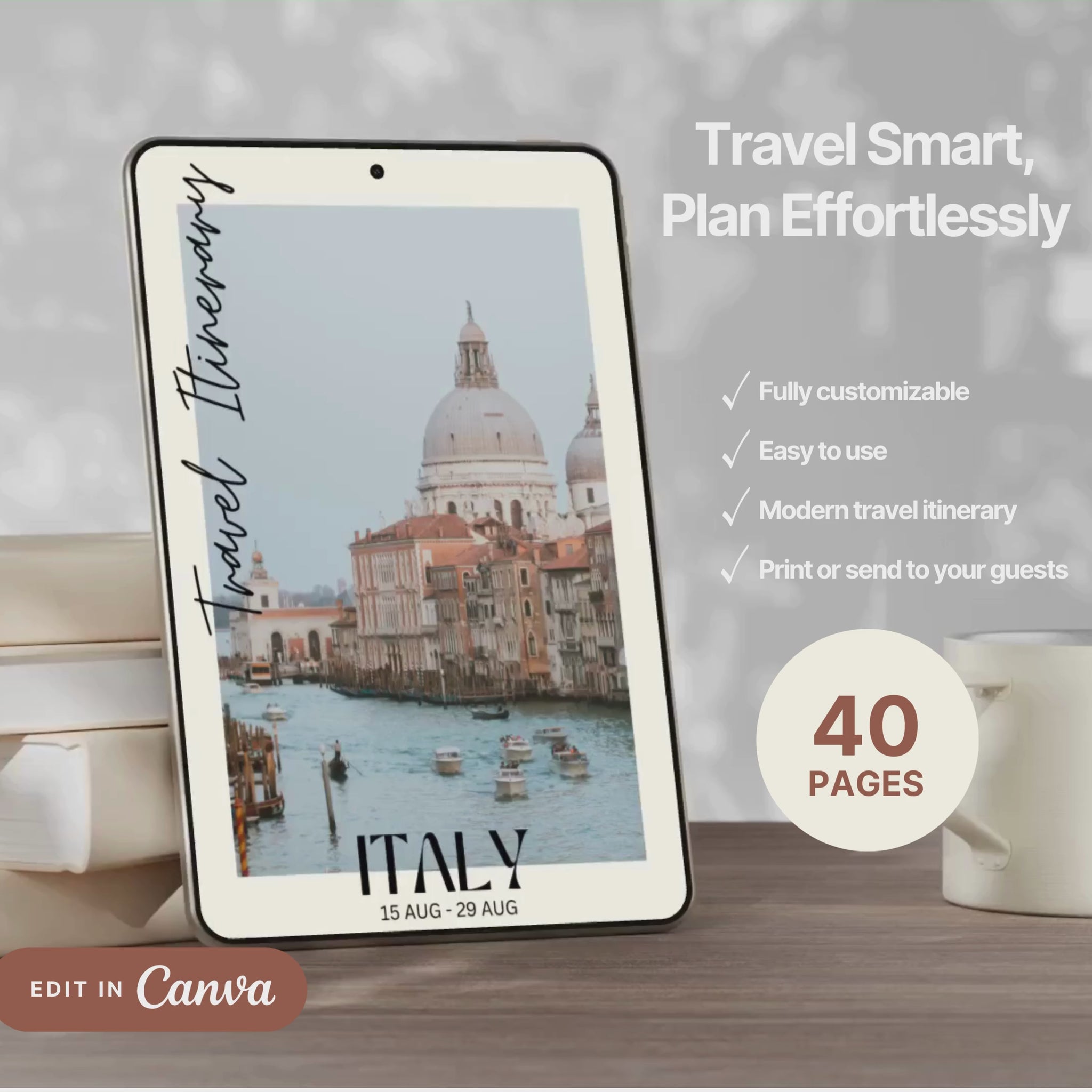 A promotional video showcasing a editable Travel Itinerary in Canva. The video highlights features like daily schedule layouts, clickable links, interactive menu navigation, destination guides.