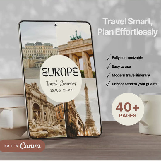 A promotional video showcasing a editable Travel Itinerary in Canva. The video highlights features like daily schedule layouts, clickable links, interactive menu navigation, destination guides.