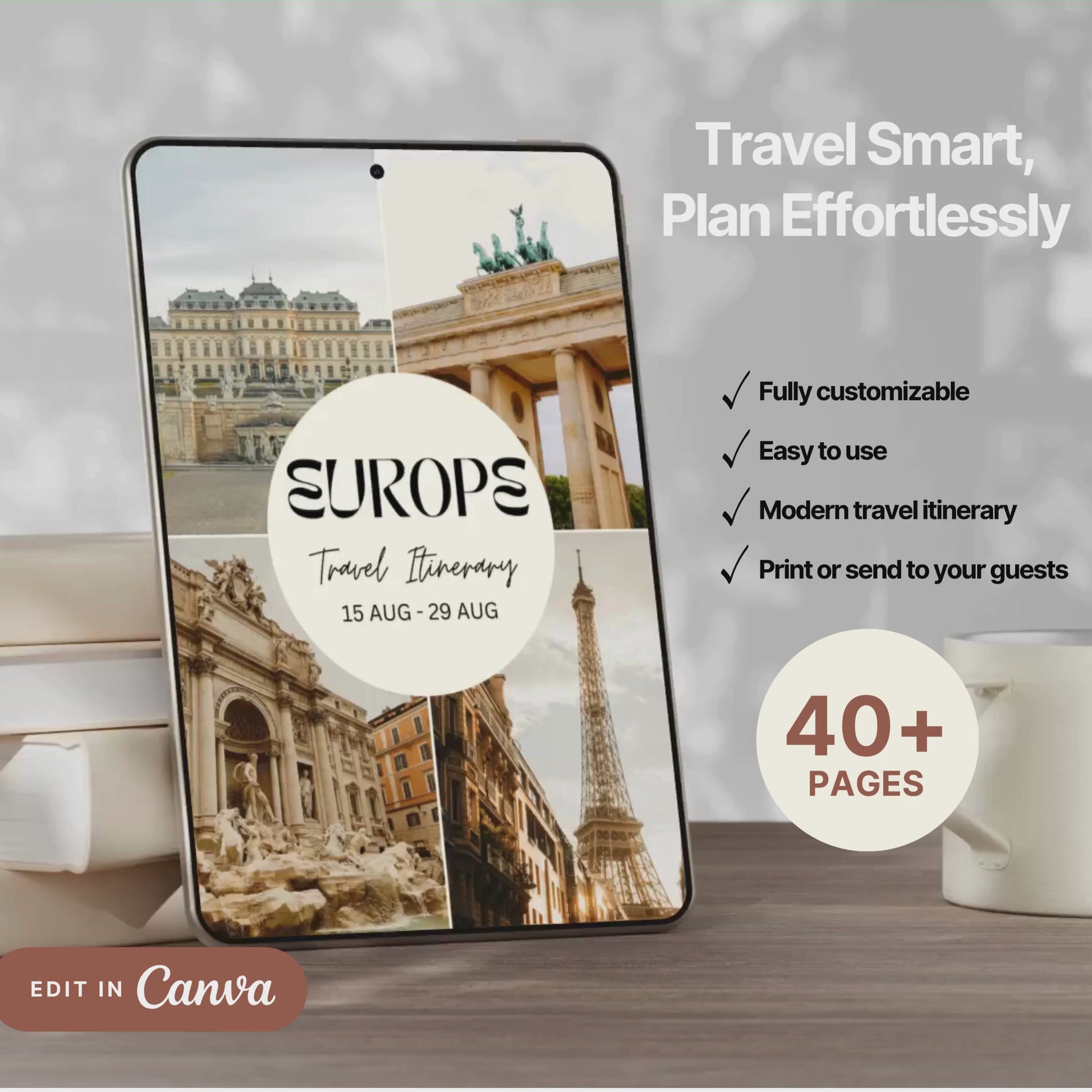 A promotional video showcasing a editable Travel Itinerary in Canva. The video highlights features like daily schedule layouts, clickable links, interactive menu navigation, destination guides.