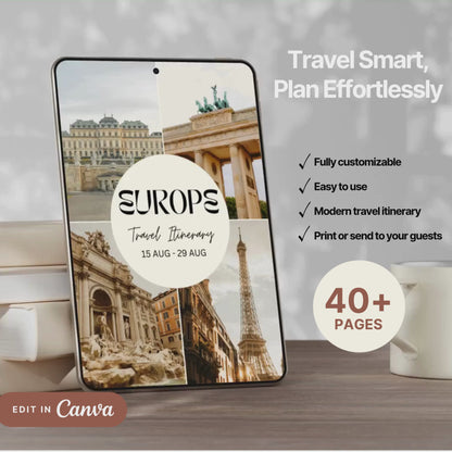 A promotional video showcasing a editable Travel Itinerary in Canva. The video highlights features like daily schedule layouts, clickable links, interactive menu navigation, destination guides.
