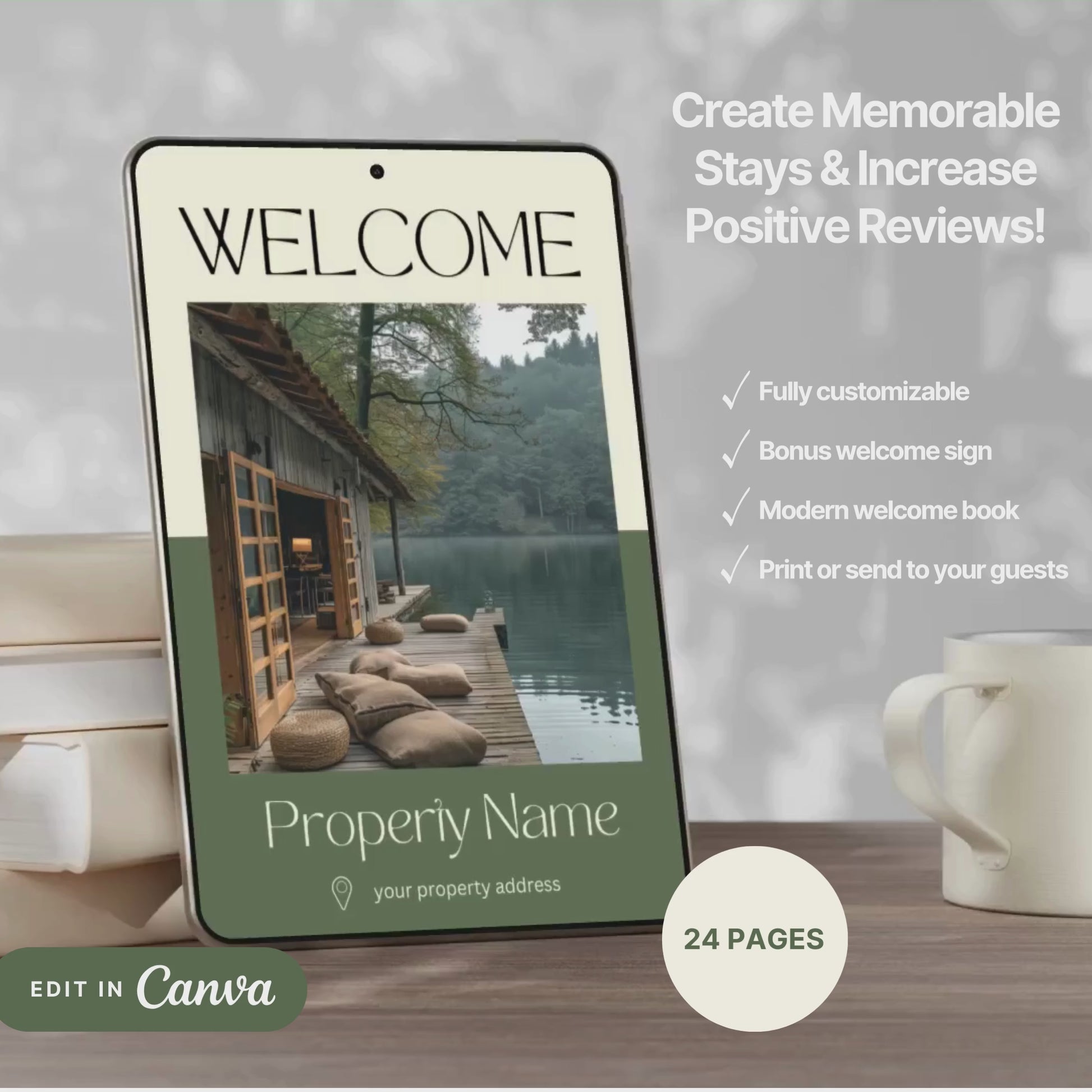 A promotional video for a customizable welcome book, designed for travelers or hosts. The video showcases a sleek interface on mobile and tablet devices, highlighting features such as editable text, local recommendations, accommodation details, maps, and clickable links.