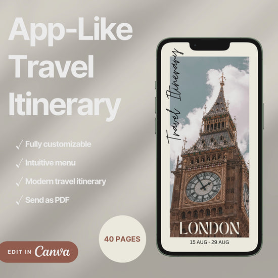 A digital travel itinerary showcased on a smartphone, displaying various interactive pages like daily schedules, packing lists, and destination guides.