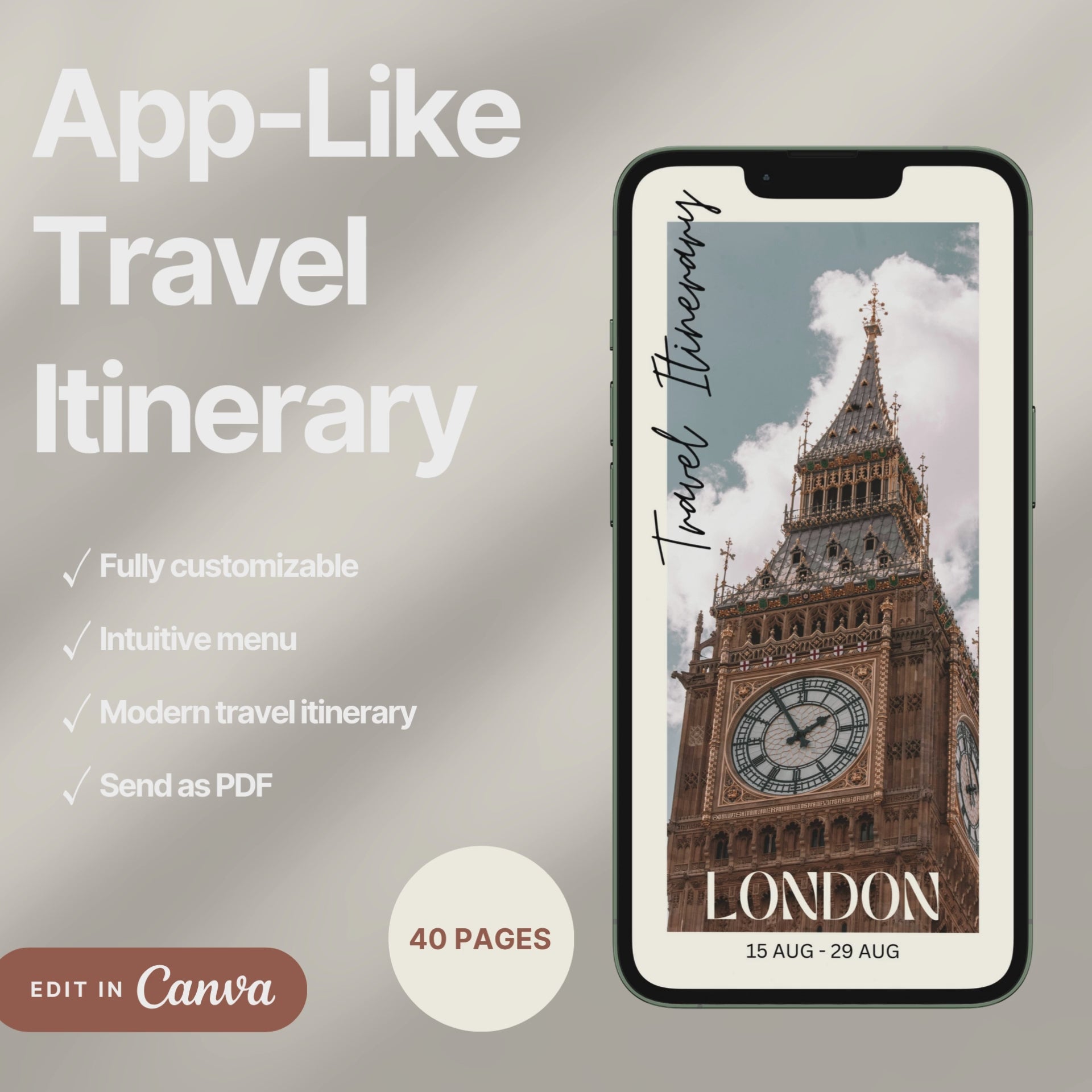 A digital travel itinerary showcased on a smartphone, displaying various interactive pages like daily schedules, packing lists, and destination guides.