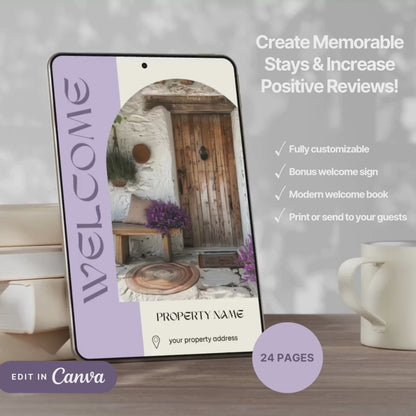 A promotional video for a customizable welcome book, designed for travelers or hosts. The video showcases a sleek interface on mobile and tablet devices, highlighting features such as editable text, local recommendations, accommodation details, maps, and clickable links.
