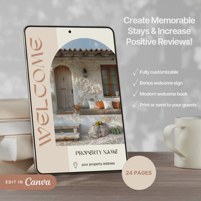 A promotional video for a customizable welcome book, designed for travelers or hosts. The video showcases a sleek interface on mobile and tablet devices, highlighting features such as editable text, local recommendations, accommodation details, maps, and clickable links.