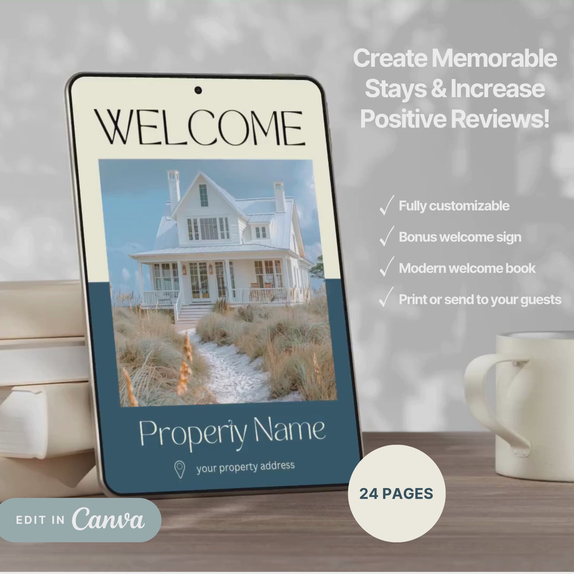 A promotional video for a customizable welcome book, designed for travelers or hosts. The video showcases a sleek interface on mobile and tablet devices, highlighting features such as editable text, local recommendations, accommodation details, maps, and clickable links.