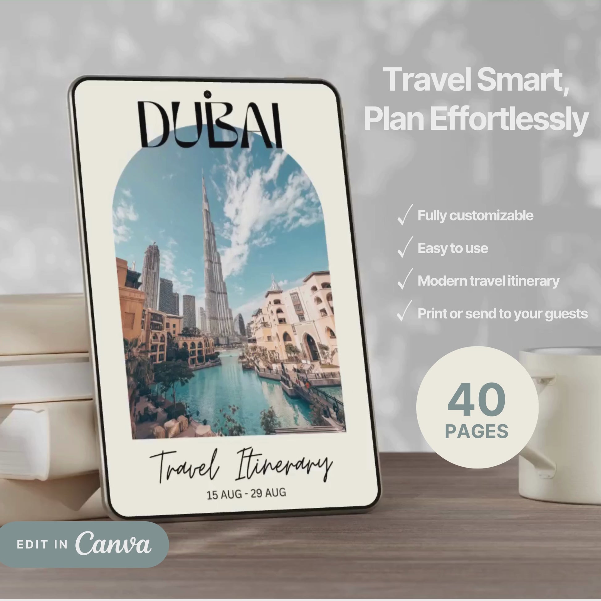 A promotional video showcasing a editable Travel Itinerary in Canva. The video highlights features like daily schedule layouts, clickable links, interactive menu navigation, destination guides.