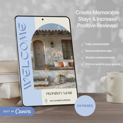 A promotional video for a customizable welcome book, designed for travelers or hosts. The video showcases a sleek interface on mobile and tablet devices, highlighting features such as editable text, local recommendations, accommodation details, maps, and clickable links.