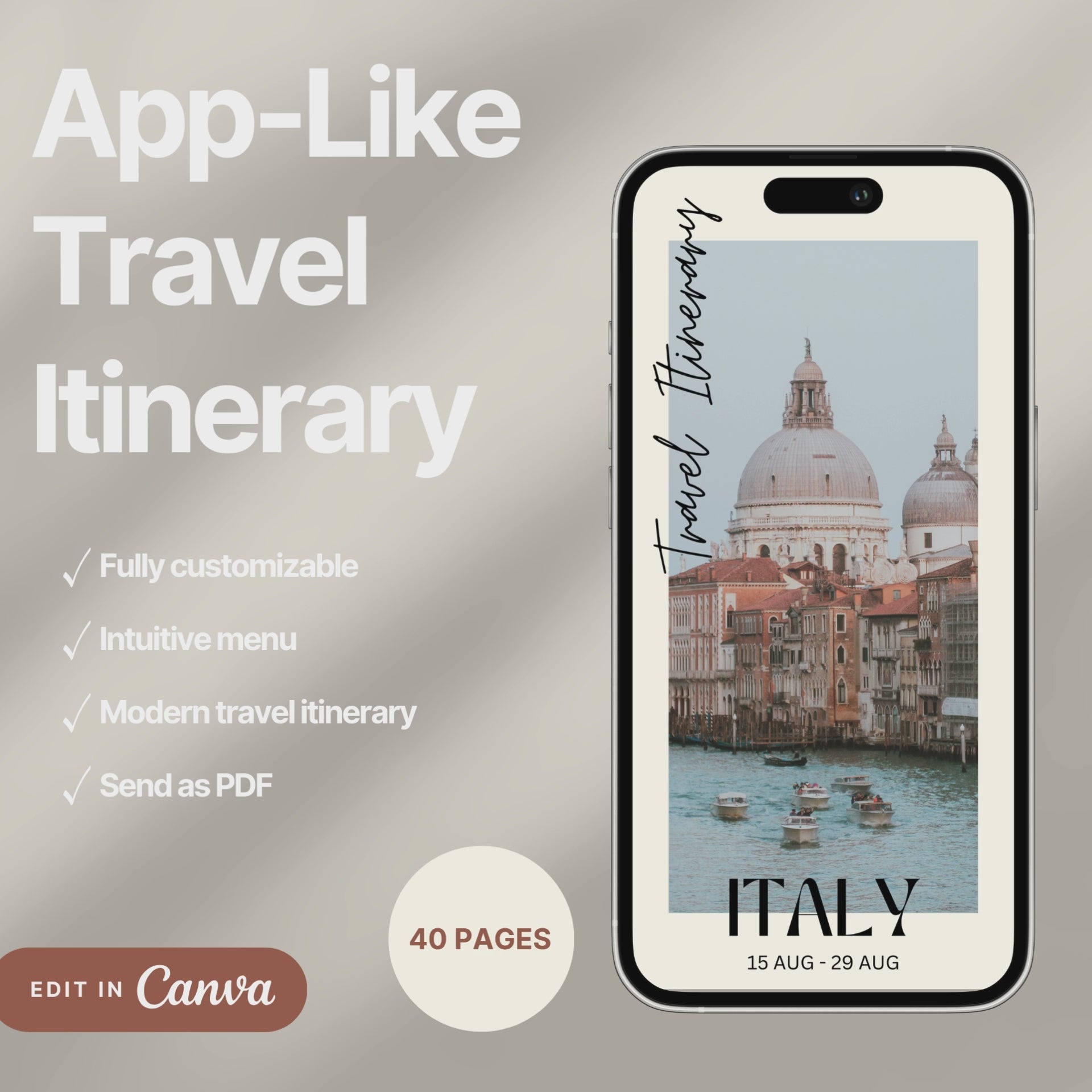 A digital travel itinerary showcased on a smartphone, displaying various interactive pages like daily schedules, packing lists, and destination guides.