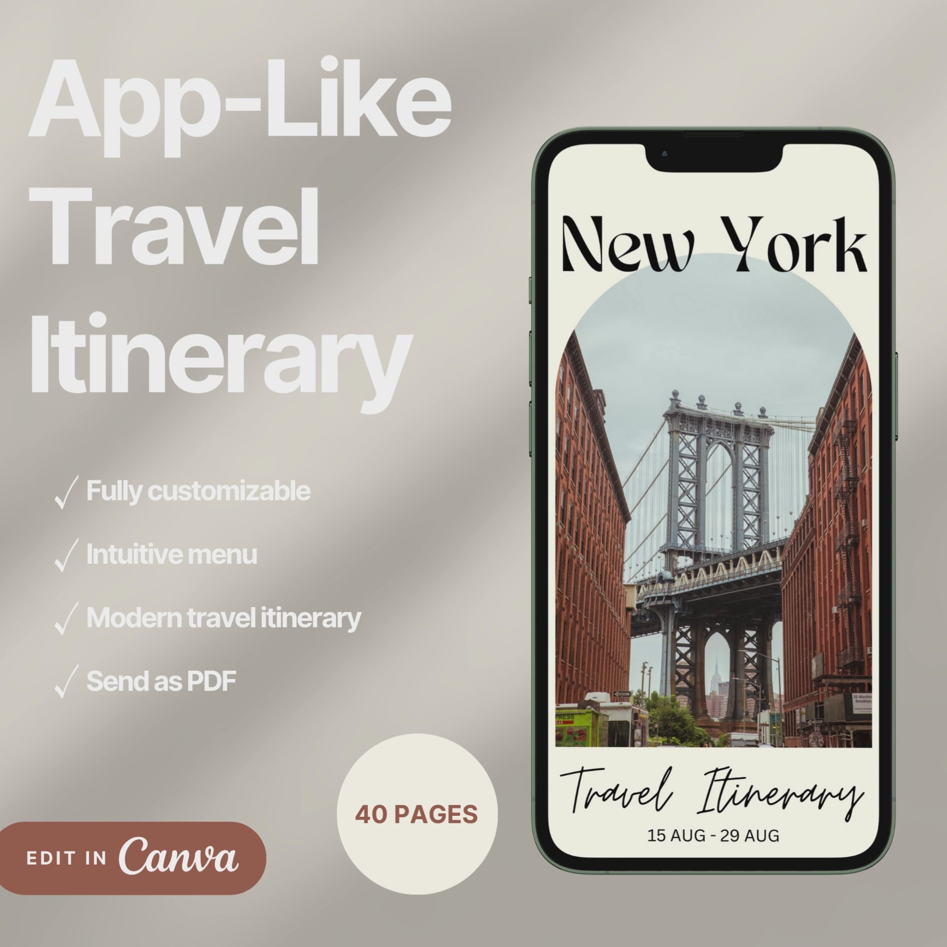 A digital travel itinerary showcased on a smartphone, displaying various interactive pages like daily schedules, packing lists, and destination guides.
