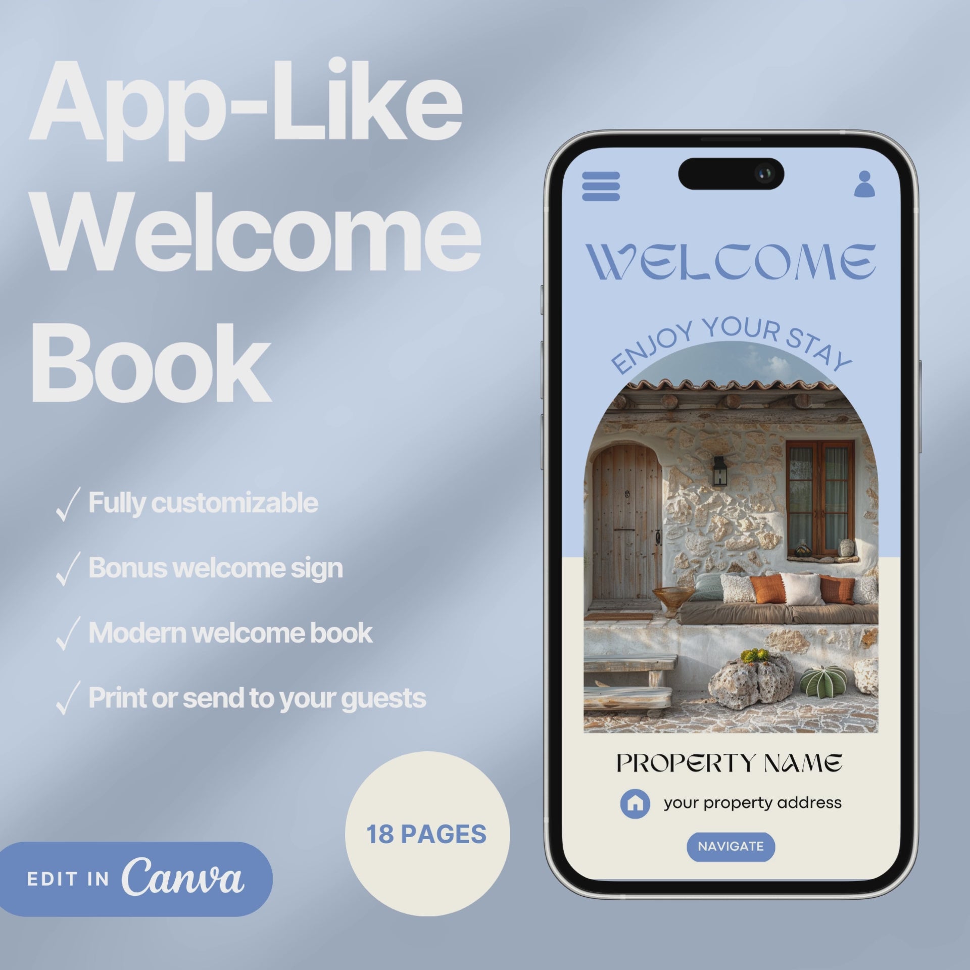 A promotional video for a customizable welcome book, designed for travelers or hosts. The video showcases a sleek interface on mobile and tablet devices, highlighting features such as editable text, local recommendations, accommodation details, maps, and clickable links.