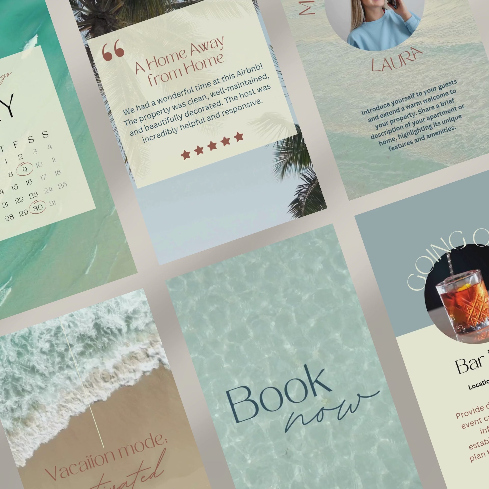 Promo video showcasing a Instagram template bundle for Airbnb hosts, featuring animated previews of post designs, stories, and video story templates with clean, modern layouts and travel-related content.