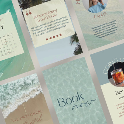 Promo video showcasing a Instagram template bundle for Airbnb hosts, featuring animated previews of post designs, stories, and video story templates with clean, modern layouts and travel-related content.