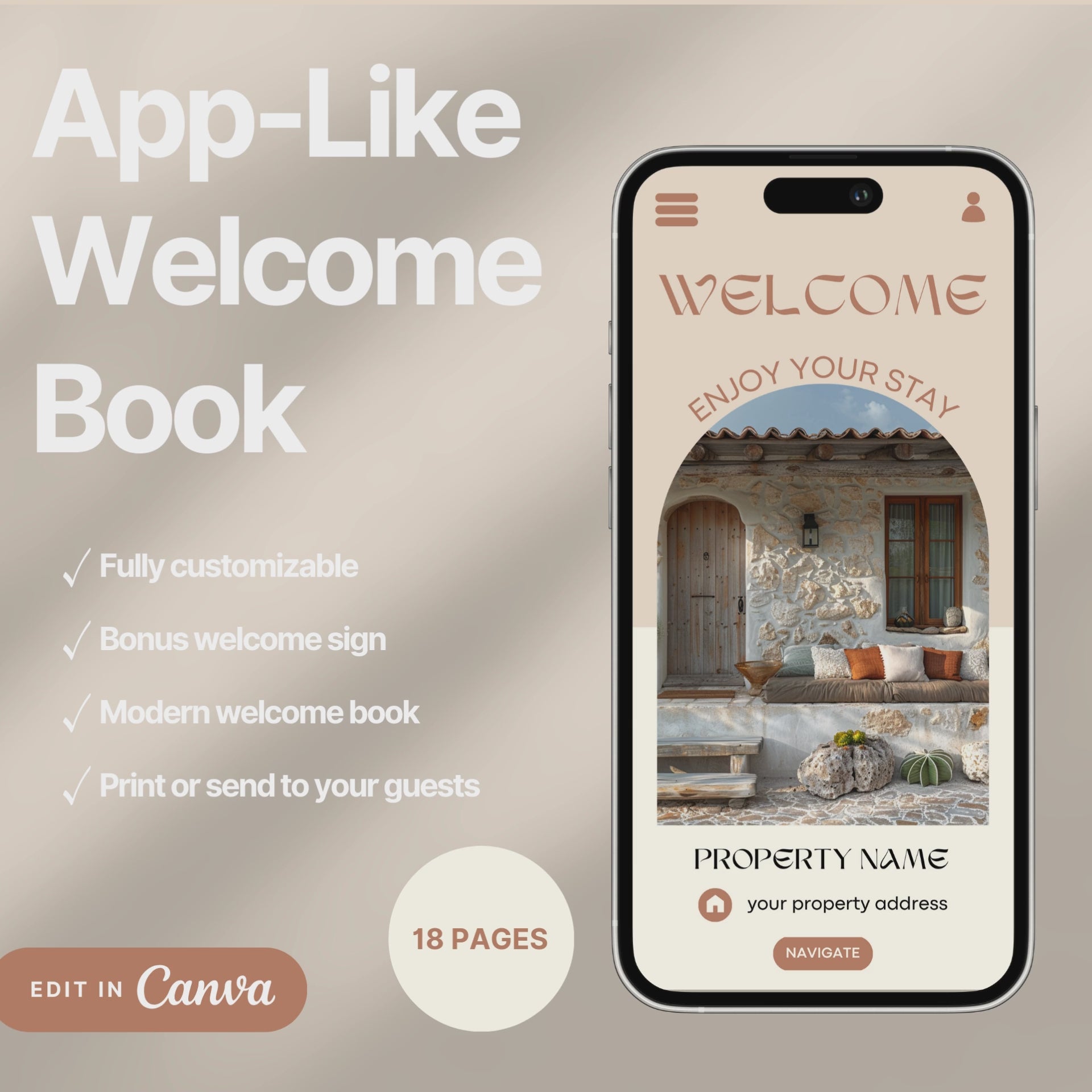 A promotional video for a customizable welcome book, designed for travelers or hosts. The video showcases a sleek interface on mobile and tablet devices, highlighting features such as editable text, local recommendations, accommodation details, maps, and clickable links.