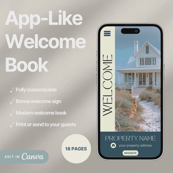 A promotional video for a customizable welcome book, designed for travelers or hosts. The video showcases a sleek interface on mobile and tablet devices, highlighting features such as editable text, local recommendations, accommodation details, maps, and clickable links.