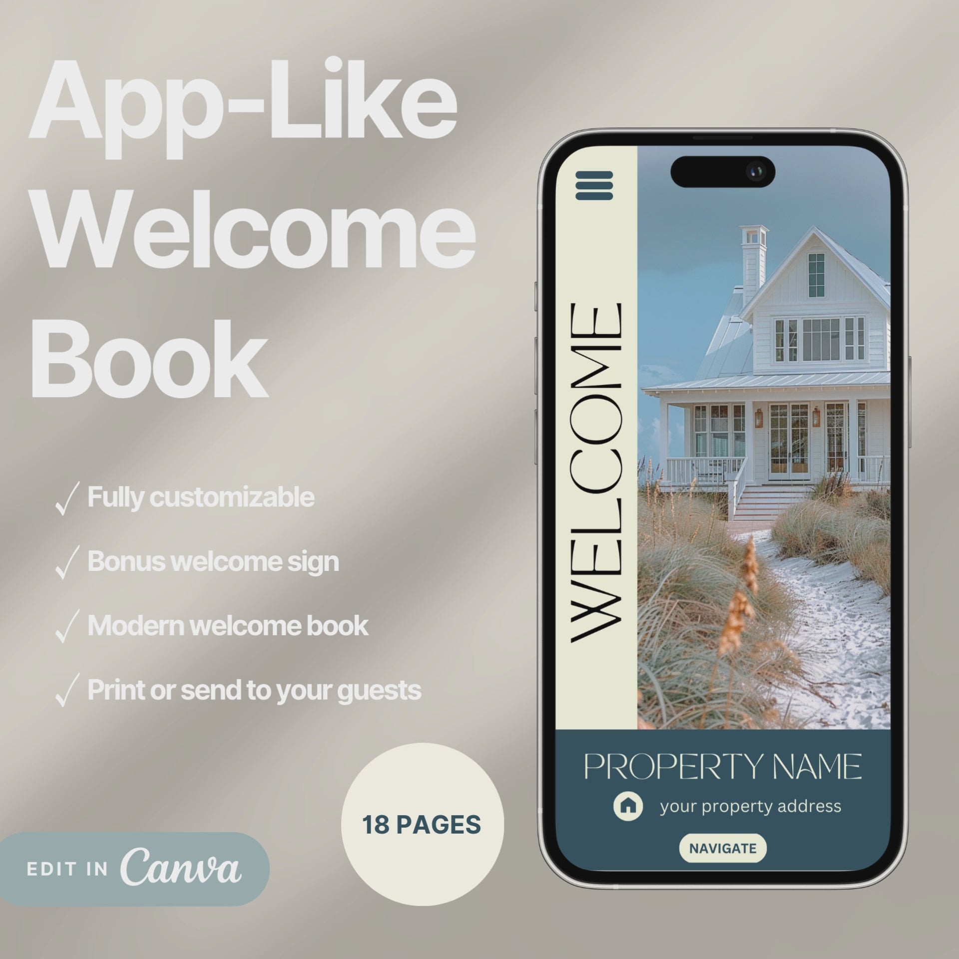 A promotional video for a customizable welcome book, designed for travelers or hosts. The video showcases a sleek interface on mobile and tablet devices, highlighting features such as editable text, local recommendations, accommodation details, maps, and clickable links.