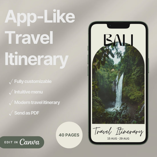 A digital travel itinerary showcased on a smartphone, displaying various interactive pages like daily schedules, packing lists, and destination guides.