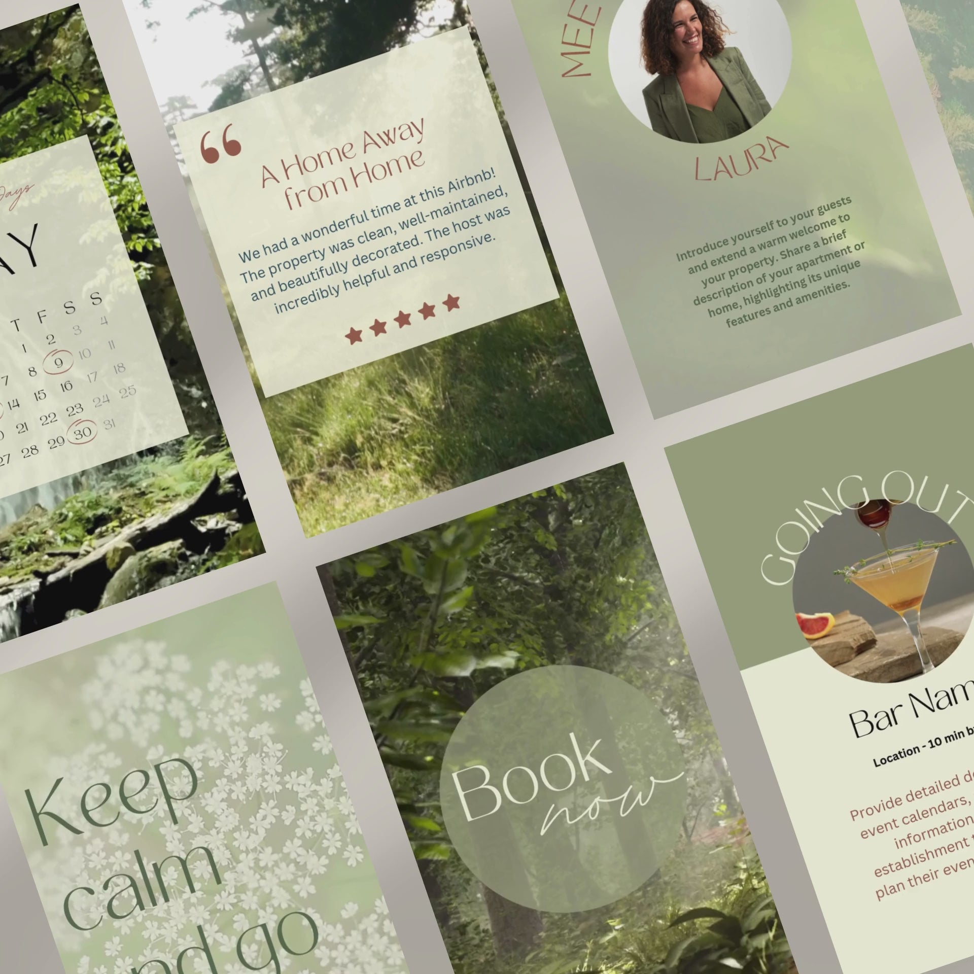 Promo video showcasing a Instagram template bundle for Airbnb hosts, featuring animated previews of post designs, stories, and video story templates with clean, modern layouts and travel-related content.