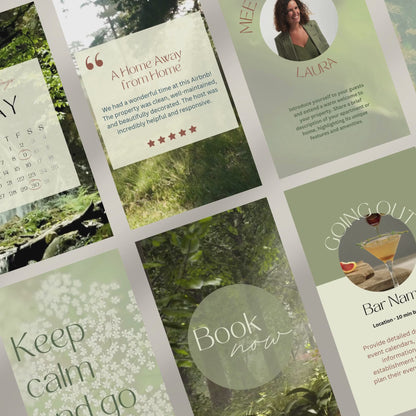 Promo video showcasing a Instagram template bundle for Airbnb hosts, featuring animated previews of post designs, stories, and video story templates with clean, modern layouts and travel-related content.