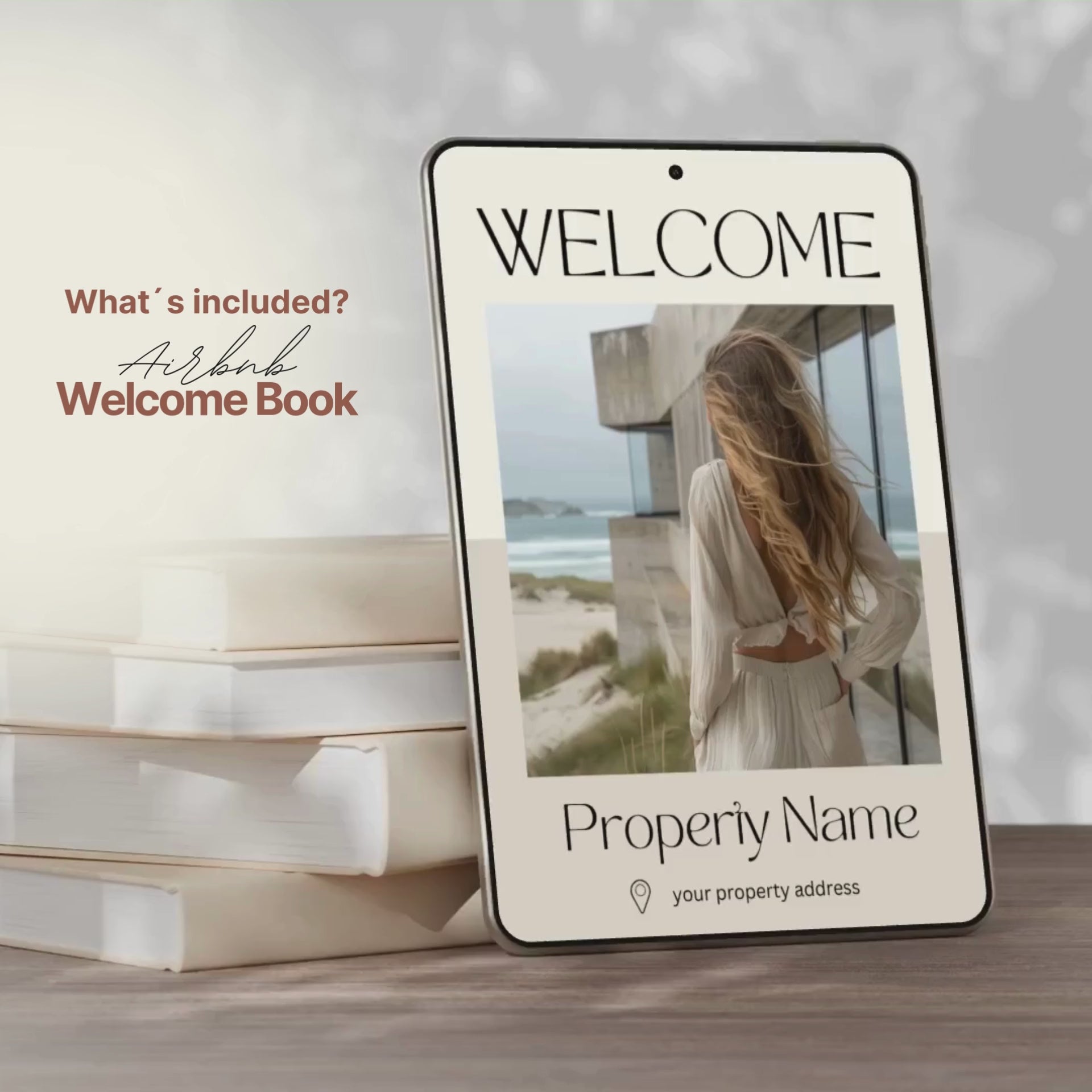 A promotional video showcasing the 500+ Airbnb Host Bundle, featuring editable Canva templates for welcome signs, WiFi cards, thank you notes, guest guides, and social media posts, all designed in a calming blue color palette for Airbnb hosts.