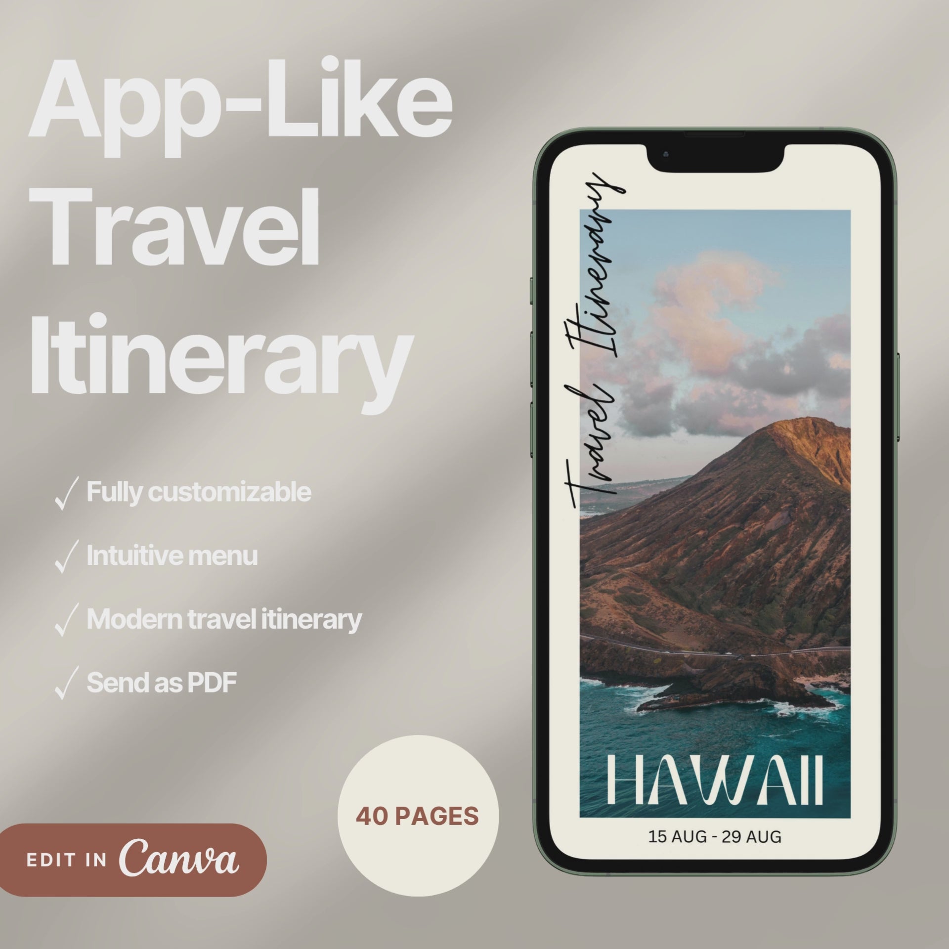 A digital travel itinerary showcased on a smartphone, displaying various interactive pages like daily schedules, packing lists, and destination guides.