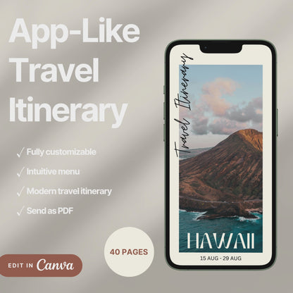 A digital travel itinerary showcased on a smartphone, displaying various interactive pages like daily schedules, packing lists, and destination guides.