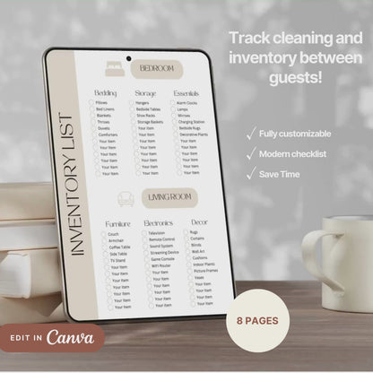 A promotional video showcasing a customizable digital checklist template with a clean, modern layout. The video features animated transitions between pages that include task lists, packing checklists, and cleaning routines, all in neutral tones. Designed for Airbnb hosts, travelers, or planners, and fully editable in Canva.
