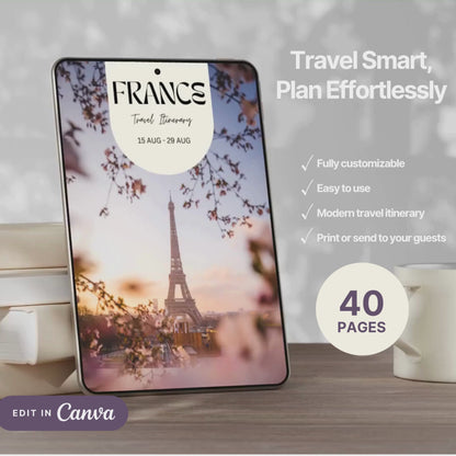 A promotional video showcasing a editable Travel Itinerary in Canva. The video highlights features like daily schedule layouts, clickable links, interactive menu navigation, destination guides.