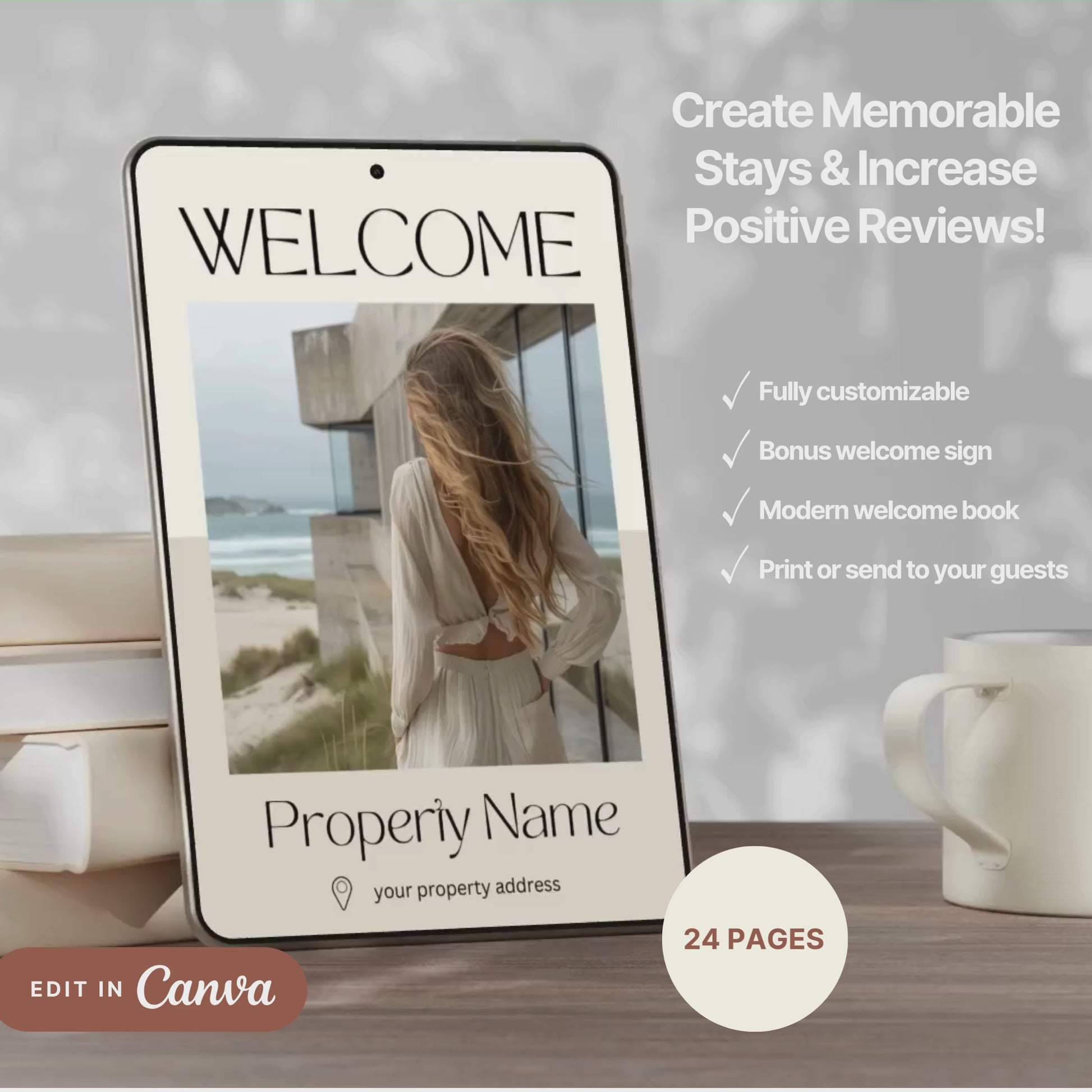 A promotional video for a customizable welcome book, designed for travelers or hosts. The video showcases a sleek interface on mobile and tablet devices, highlighting features such as editable text, local recommendations, accommodation details, maps, and clickable links.