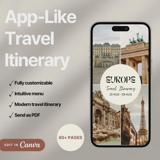 A digital travel itinerary showcased on a smartphone, displaying various interactive pages like daily schedules, packing lists, and destination guides.