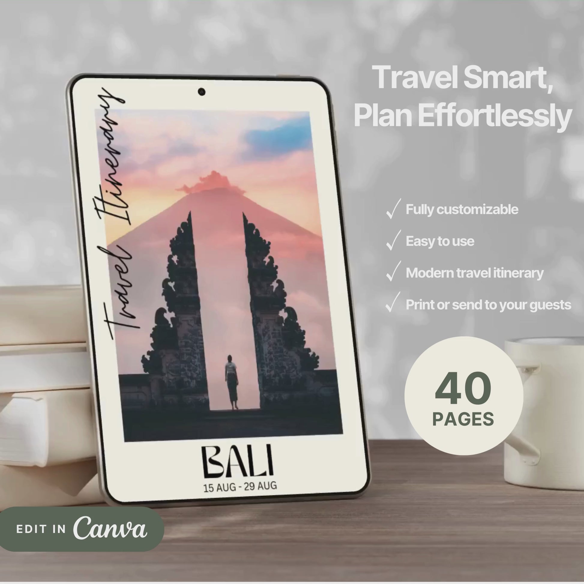 A promotional video showcasing a editable Travel Itinerary in Canva. The video highlights features like daily schedule layouts, clickable links, interactive menu navigation, destination guides.