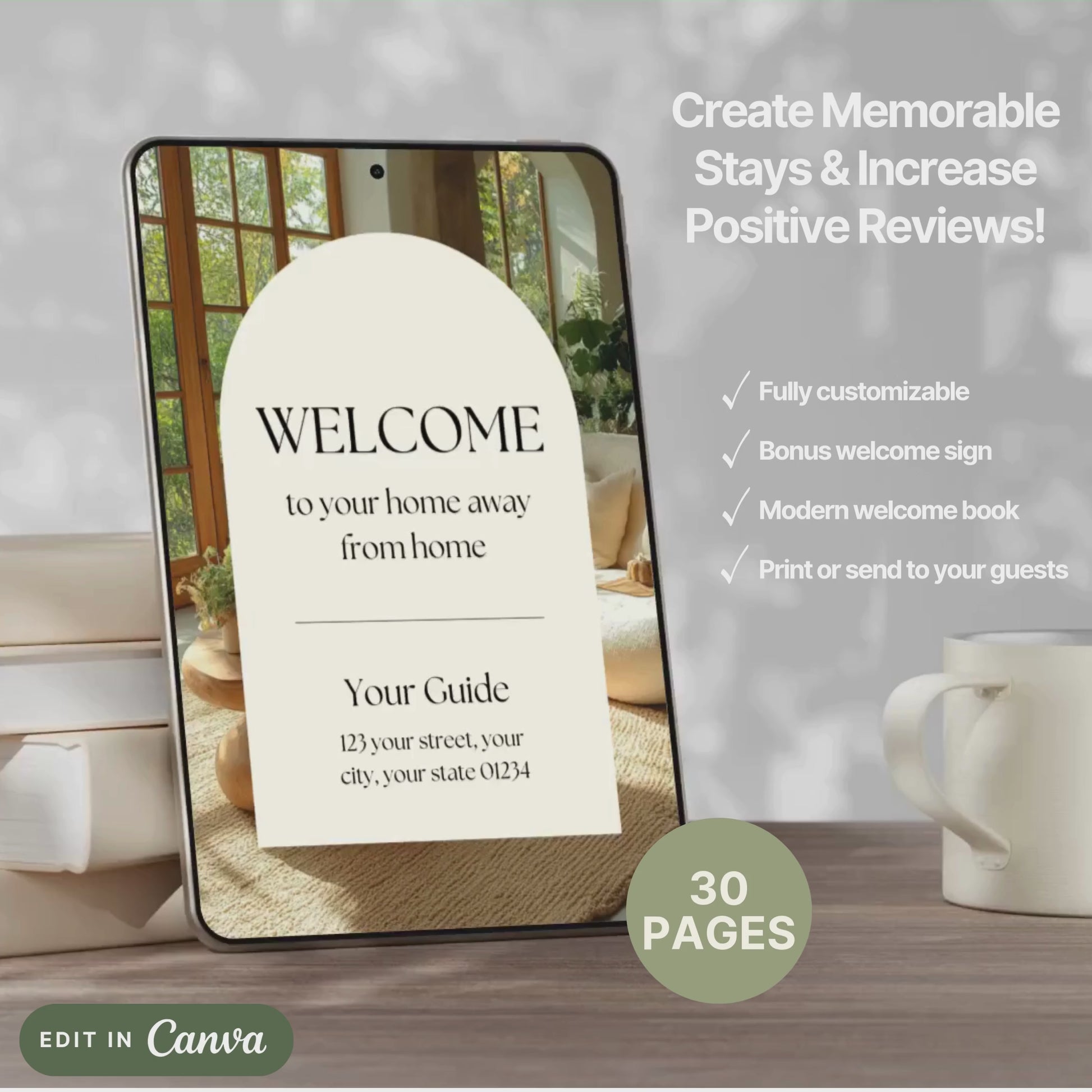 A promotional video for a customizable welcome book, designed for travelers or hosts. The video showcases a sleek interface on mobile and tablet devices, highlighting features such as editable text, local recommendations, accommodation details, maps, and clickable links.