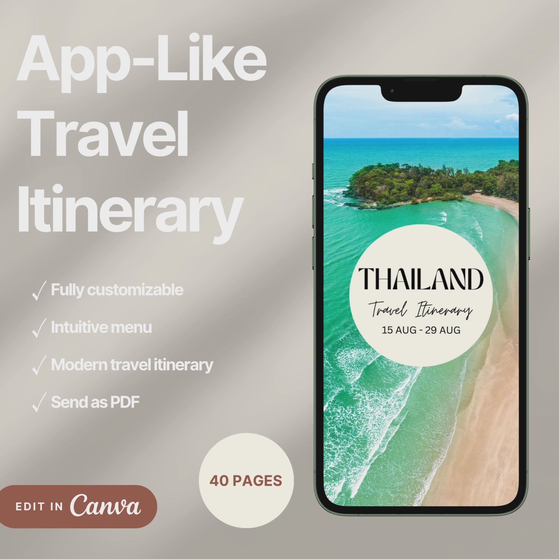A digital travel itinerary showcased on a smartphone, displaying various interactive pages like daily schedules, packing lists, and destination guides.